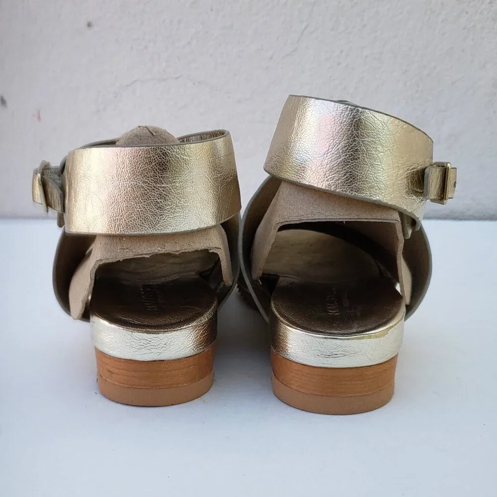 Halston gold peep toe ankle strap crossover Neli sandals - Picture 7 of 11